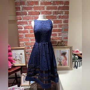 Alice + Olivia Blue A-Line Midi Lace Dress with Sheer Cut Outs on Skirt